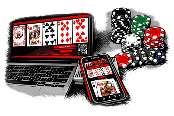 Laptop and phone showing RbPkr with poker chips
